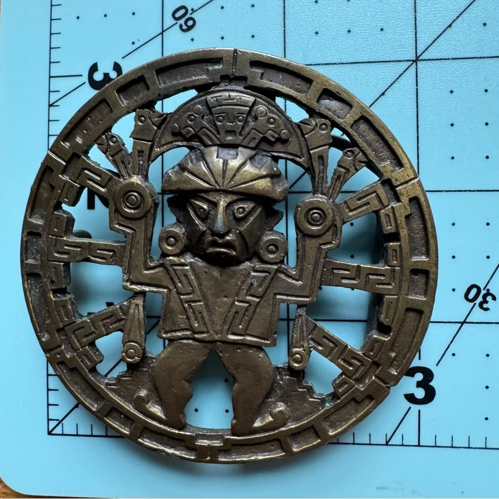 Bergamot Brass Works Mayan Aztec Incan Round Belt Buckle 1970s